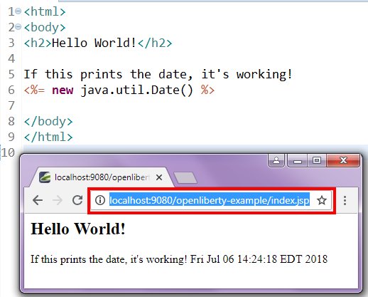 При доступе к встроенному серверу Open Liberty из браузера через назначенный URL-адрес открывается веб-страница, на которой отображается текущая дата вместе с сообщением Hello World в соответствии с JSP, созданным в рамках приложения