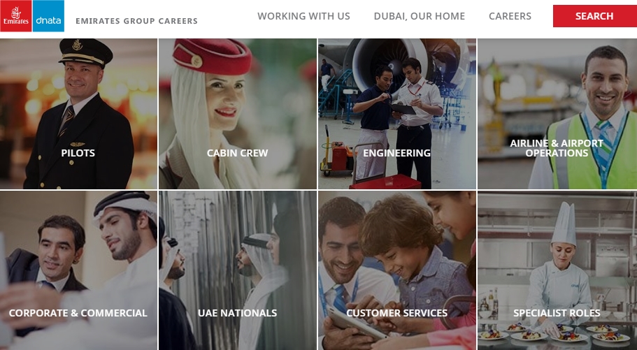 Як виглядає форма пошуку з вакансією Cabin Crew на офіційному сайті Emirates Career