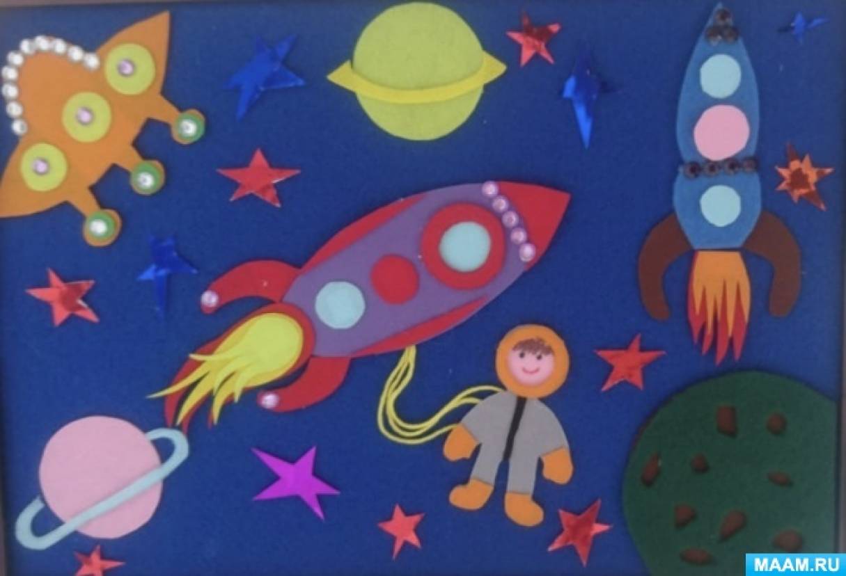 Аплікація до Дня космонавтики «Загадковий світ космосу»   Мета: Формування пізнавального інтересу дітей до історії космонавтики, розвиток творчих здібностей