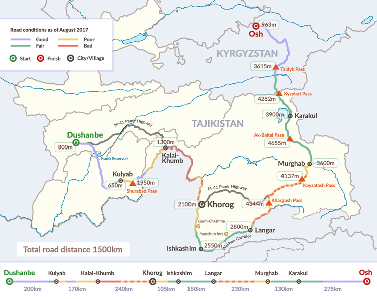 Посмотреть подробную дорожную карту в   JPG   ,   SVG   Памирское шоссе - это дорога протяженностью более 1500 км, начинающаяся в Душанбе и заканчивающаяся в Оше