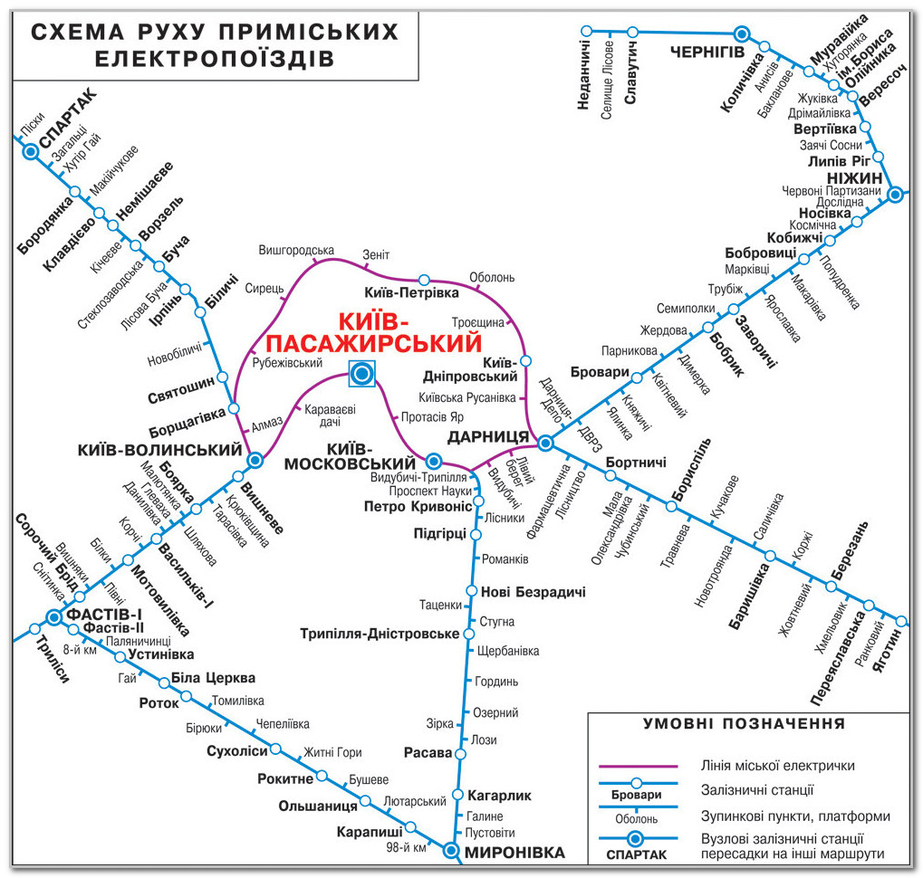 Схема руху приміських електропоїздів київської області та станцій міської електрички (Для збільшення карти, натисніть на зображення)
